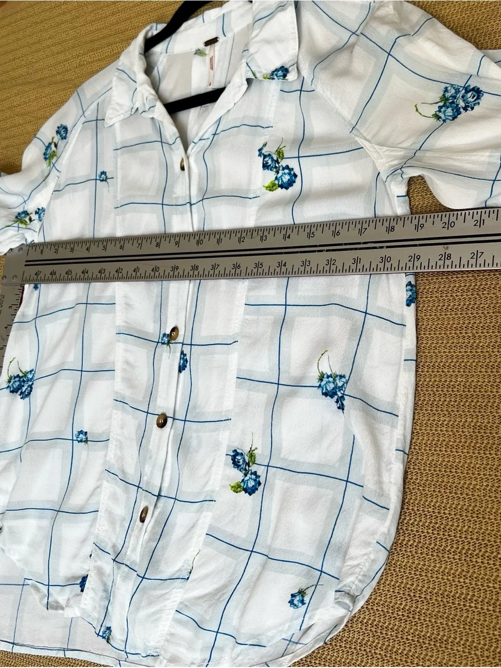 Lightweight White Button-Up with Blue Floral Grid